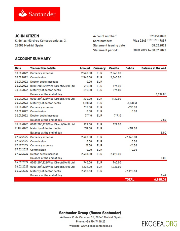 Relevé bancaire Espagne Santander xls
